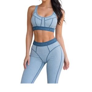 Fabletics Womens Waffle Knit 2 Piece Set Blue Sports Bra Leggings Size S
